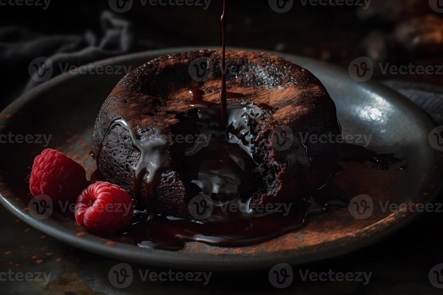 AI generated Delicious fresh fondant with hot chocolate and mint on black table. Neural network AI generated photo