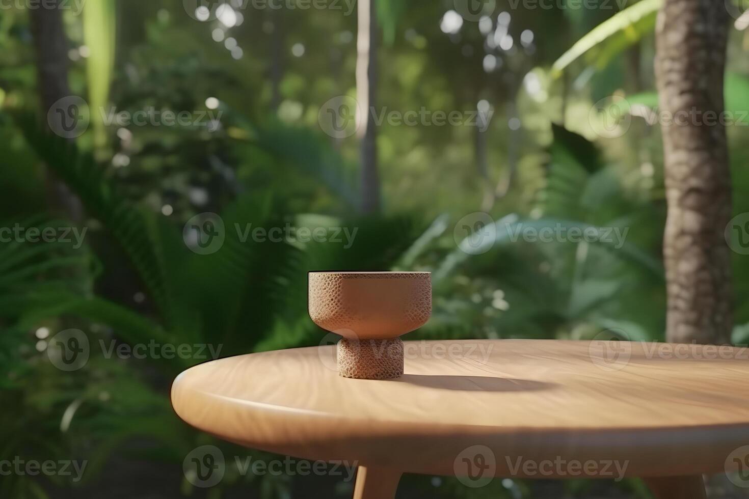 AI generated Jungle table background. Interior table for a cosmetic item against the backdrop of tropical plants, palms and jungle. Neural network AI generated photo