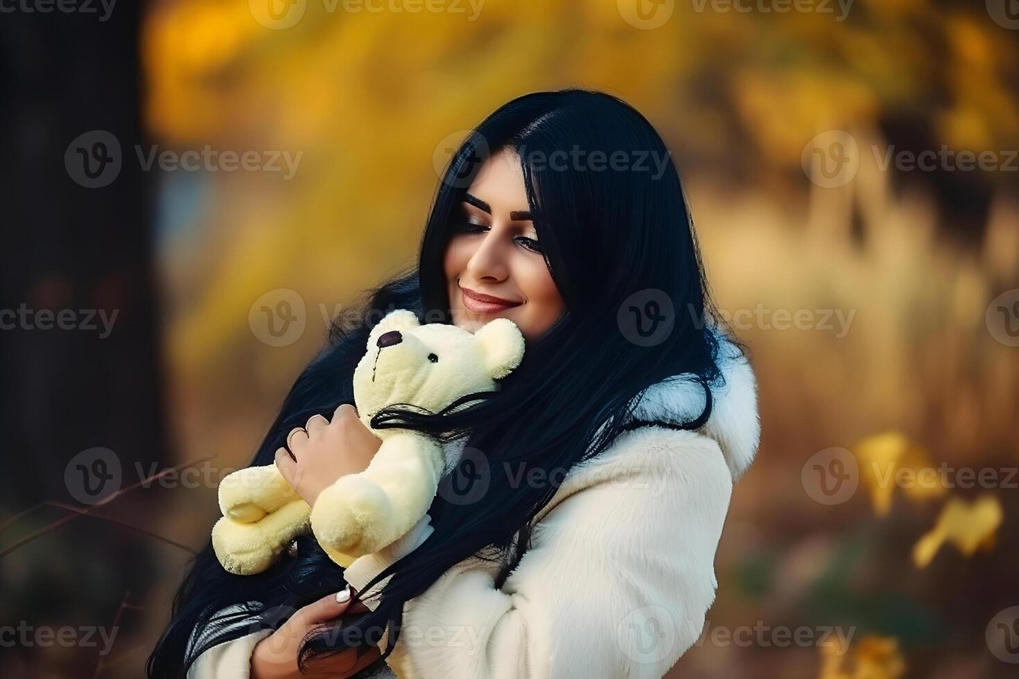 AI generated Portrait of girl hugging cute toy bear, dreaming, enjoying present. Neural network AI generated photo