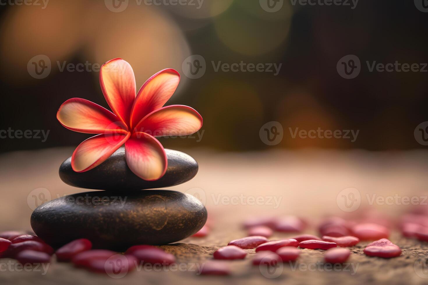 AI generated Spa stones and red frangipani flower. Neural network AI generated photo