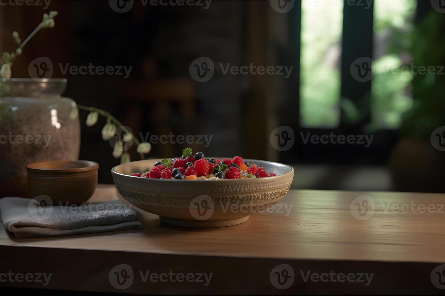 AI generated Healthy bowl of oatmeal with berries. Neural network AI generated photo