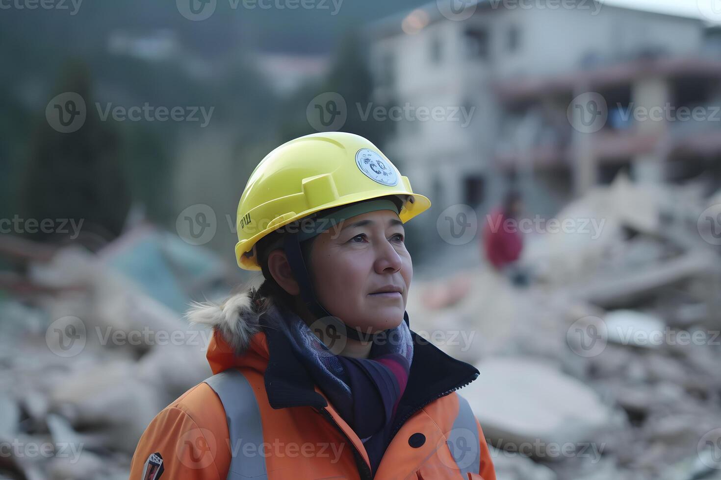 AI generated rescuers removing concrete rubble. Neural network AI generated photo
