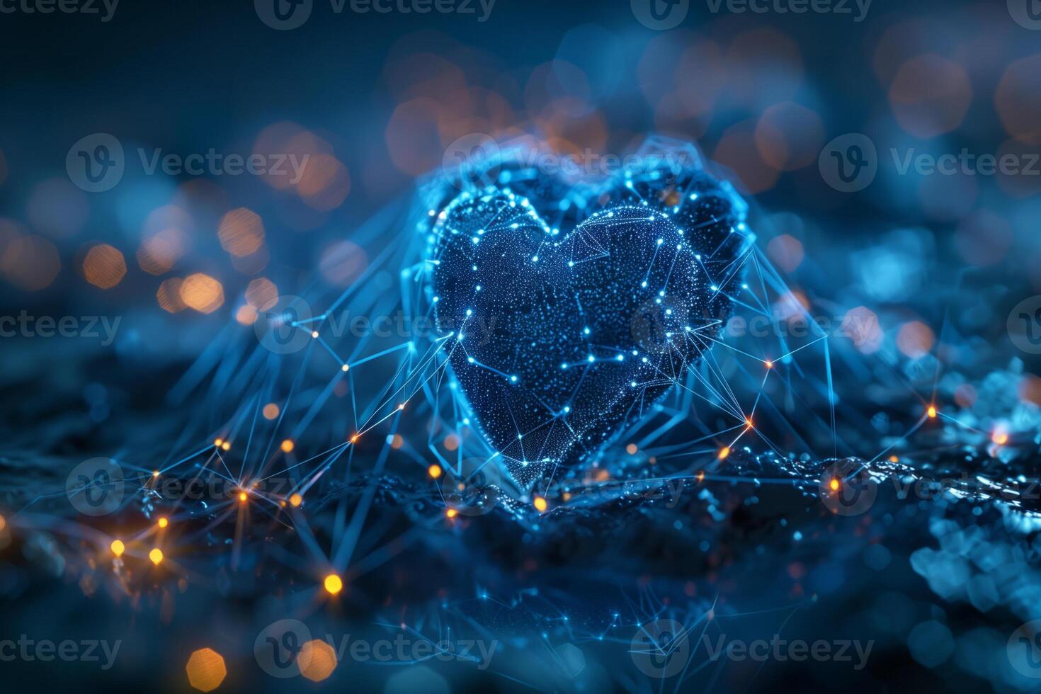 ai generado conectado corazón, tecnología amor en azul bokeh foto