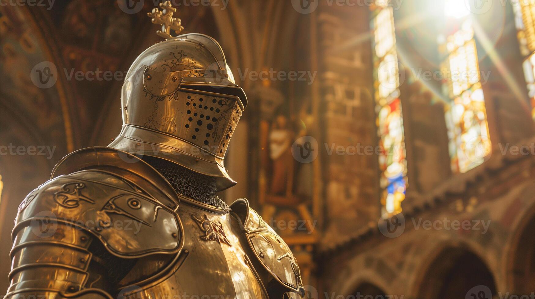 AI generated Medieval Knight Armor in Castle Interior photo