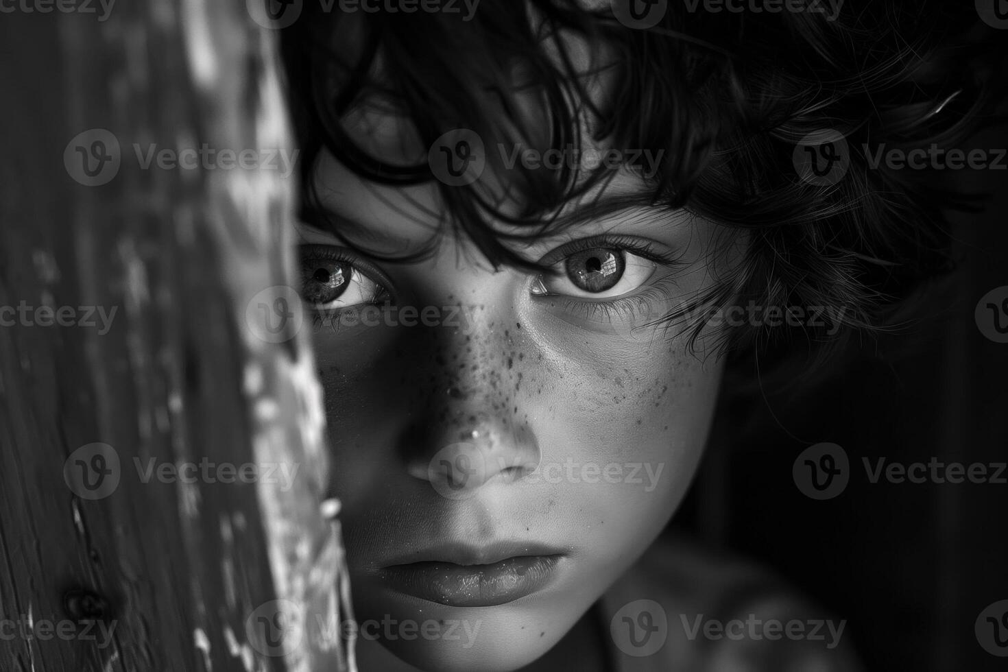 AI generated Curious Freckled Child Peeking, Monochrome Portrait photo