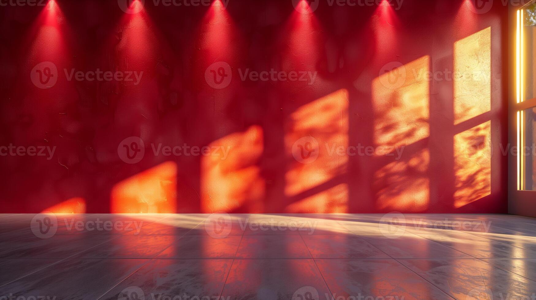 AI generated Sunlit Empty Room with Red Walls   Text Space photo