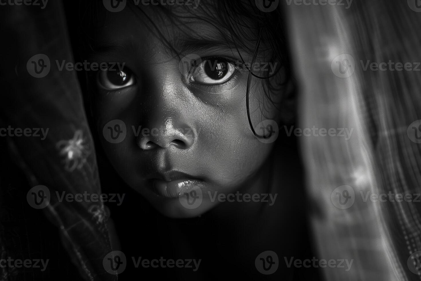AI generated Poignant Child Gaze, Monochrome Mystery photo