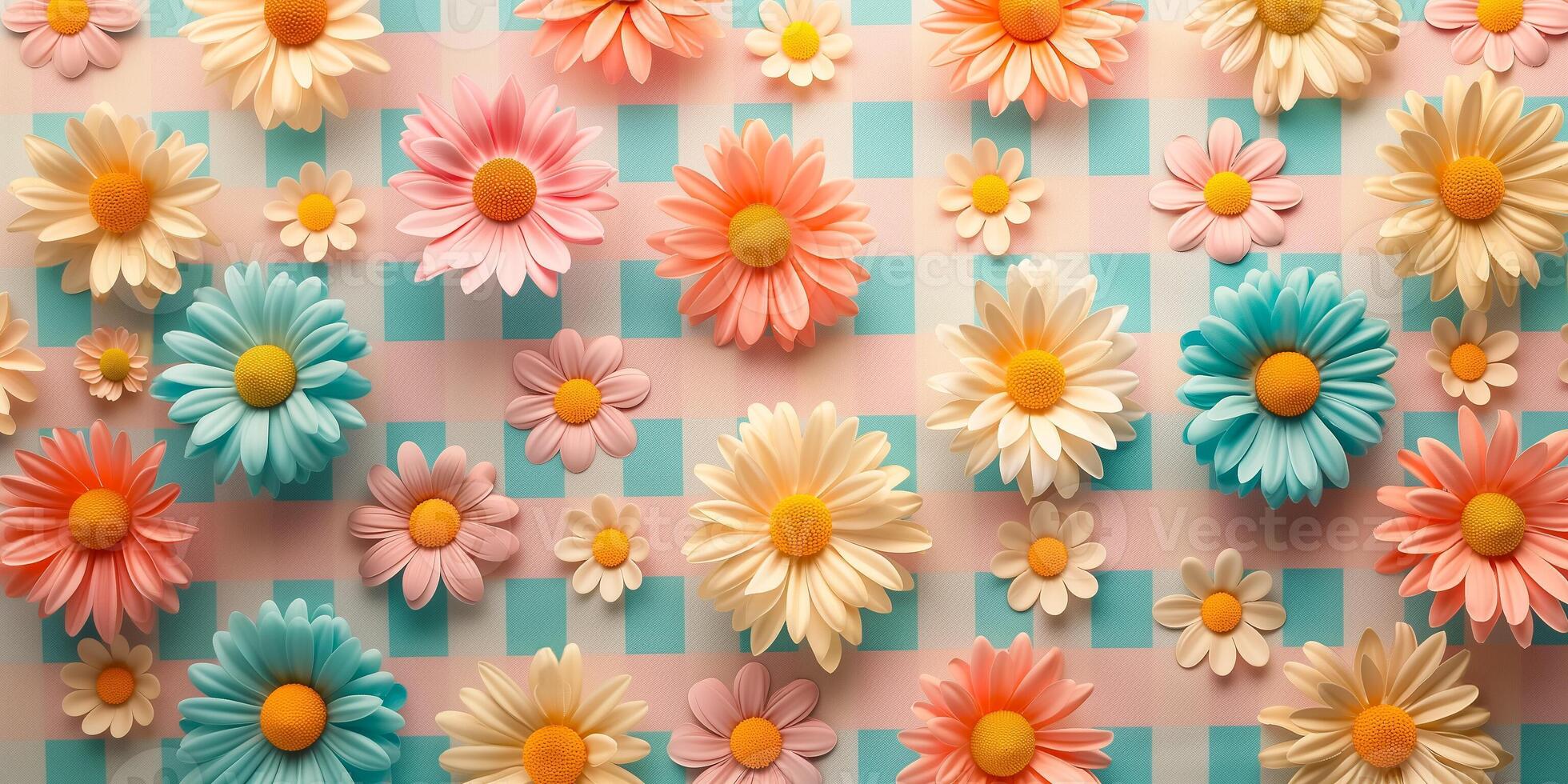 AI generated Vibrant paper daisies arranged on a pastel checkered background, ideal for springtime concepts, crafts, or Easter celebrations photo