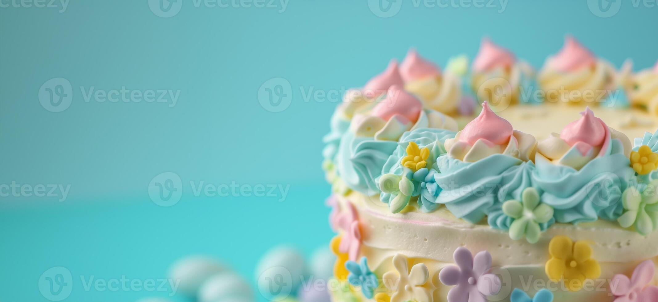 AI generated Pastel Birthday Cake with Flowers on Blue photo