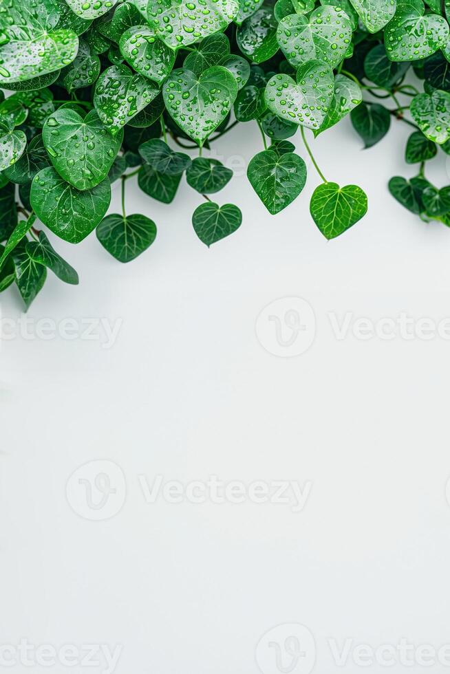 AI generated Lush green heart shaped leaves with fresh water droplets on a white background, ideal for environmental concepts or plant related design space photo