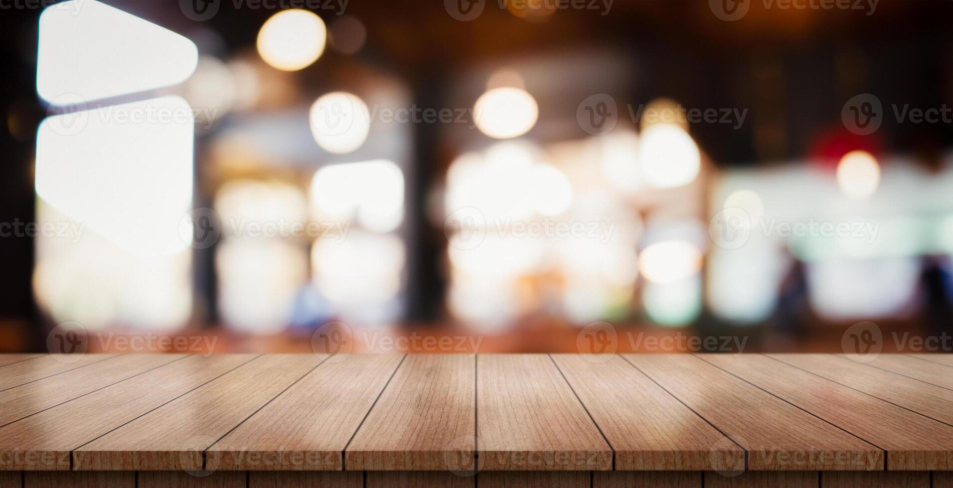 AI generated Empty wooden table top with lights bokeh on blur restaurant background. photo