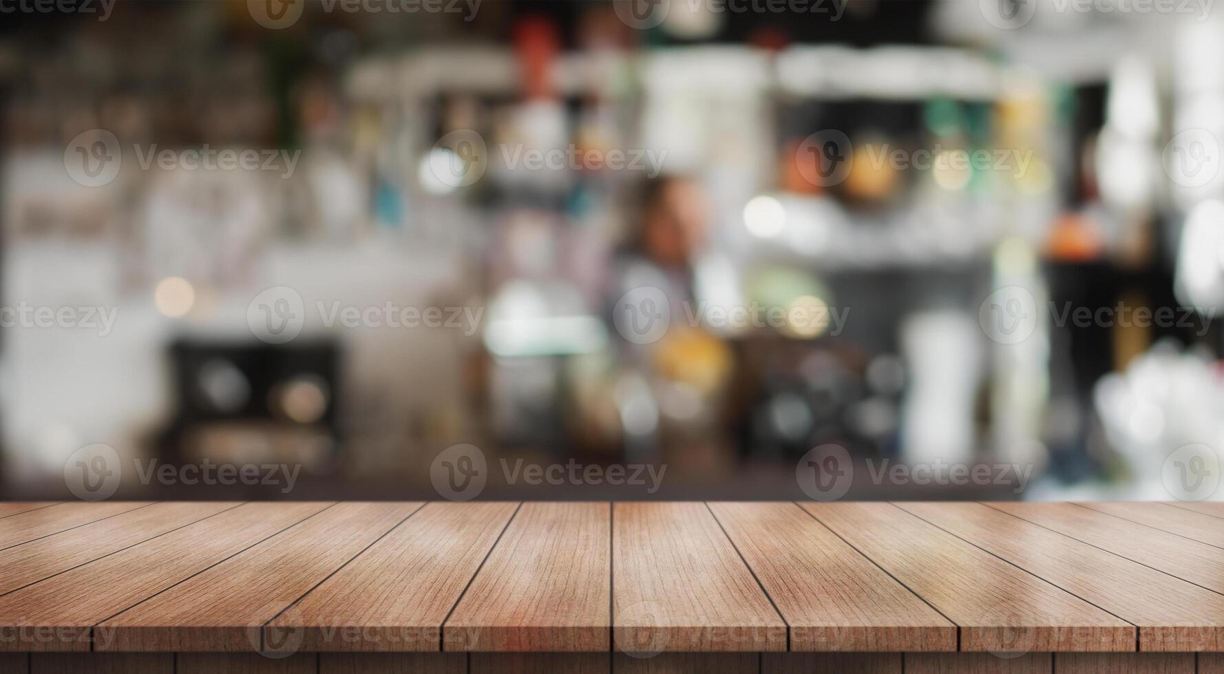 AI generated Empty wooden table top with lights bokeh on blur restaurant background photo