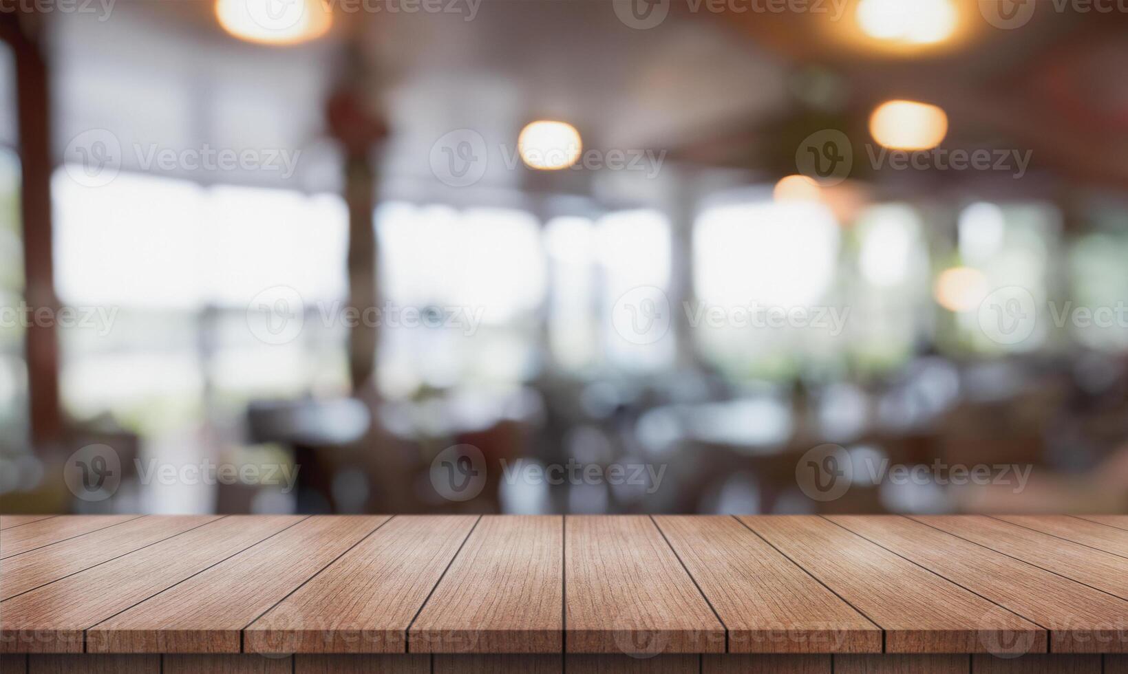 AI generated Empty wooden table top with lights bokeh on blur restaurant background. photo