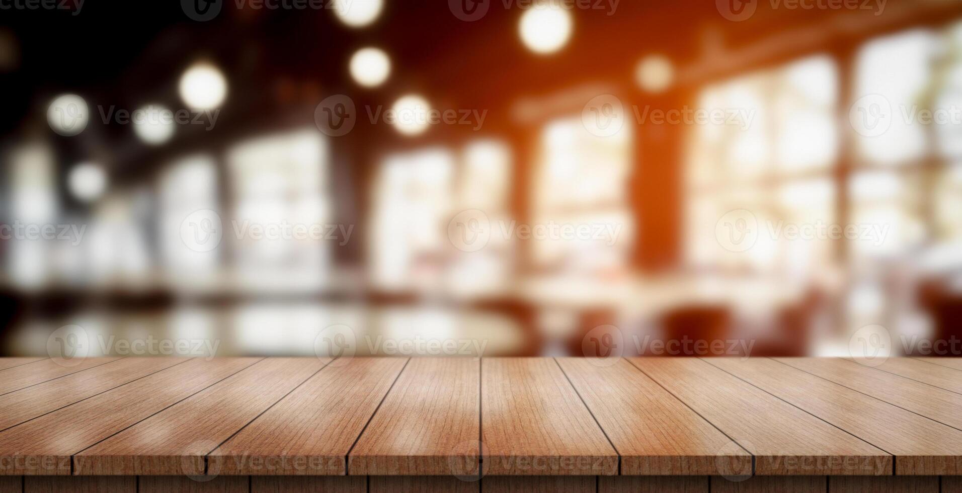 AI generated Empty wooden table top with lights bokeh on blur restaurant background. photo