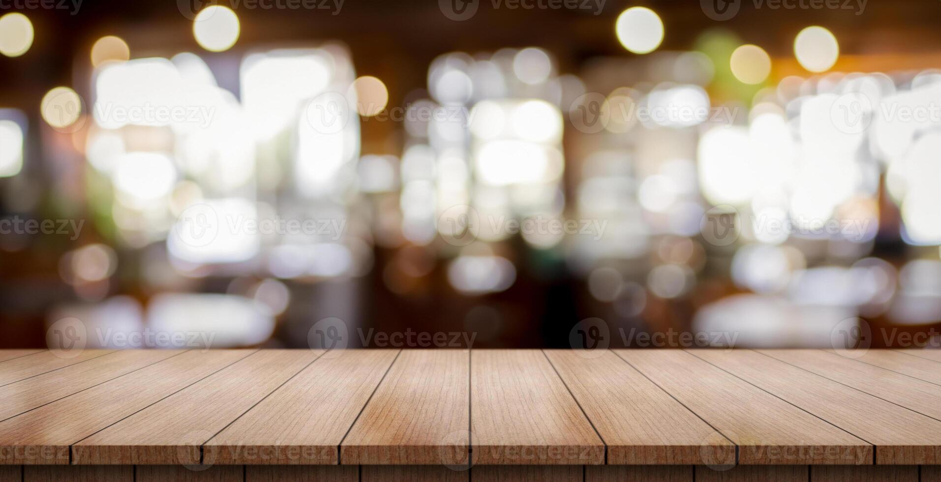 AI generated Empty wooden table top with lights bokeh on blur restaurant background. photo