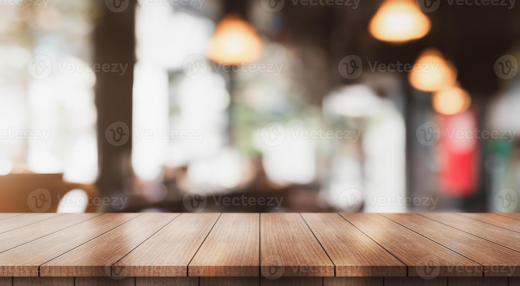 AI generated Empty wooden table top with lights bokeh on blur restaurant background photo