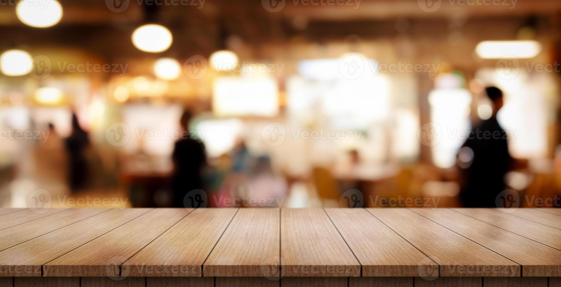 AI generated Empty wooden table top with lights bokeh on blur restaurant background. photo