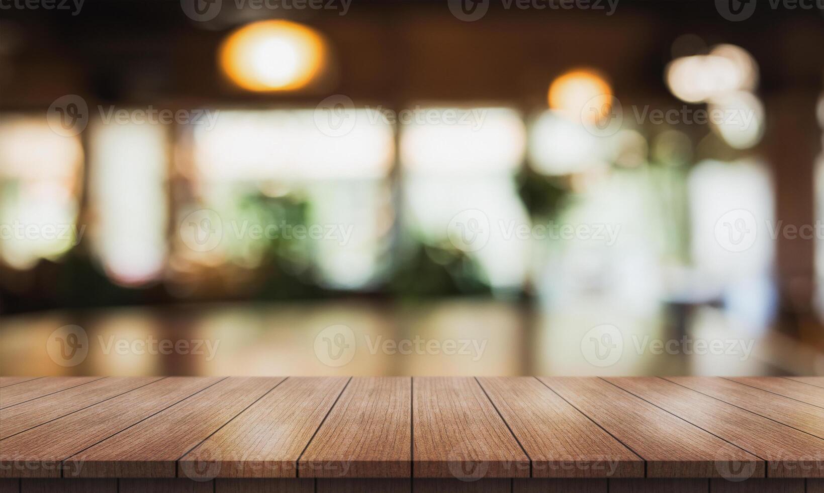 AI generated Empty wooden table top with lights bokeh on blur restaurant background. photo
