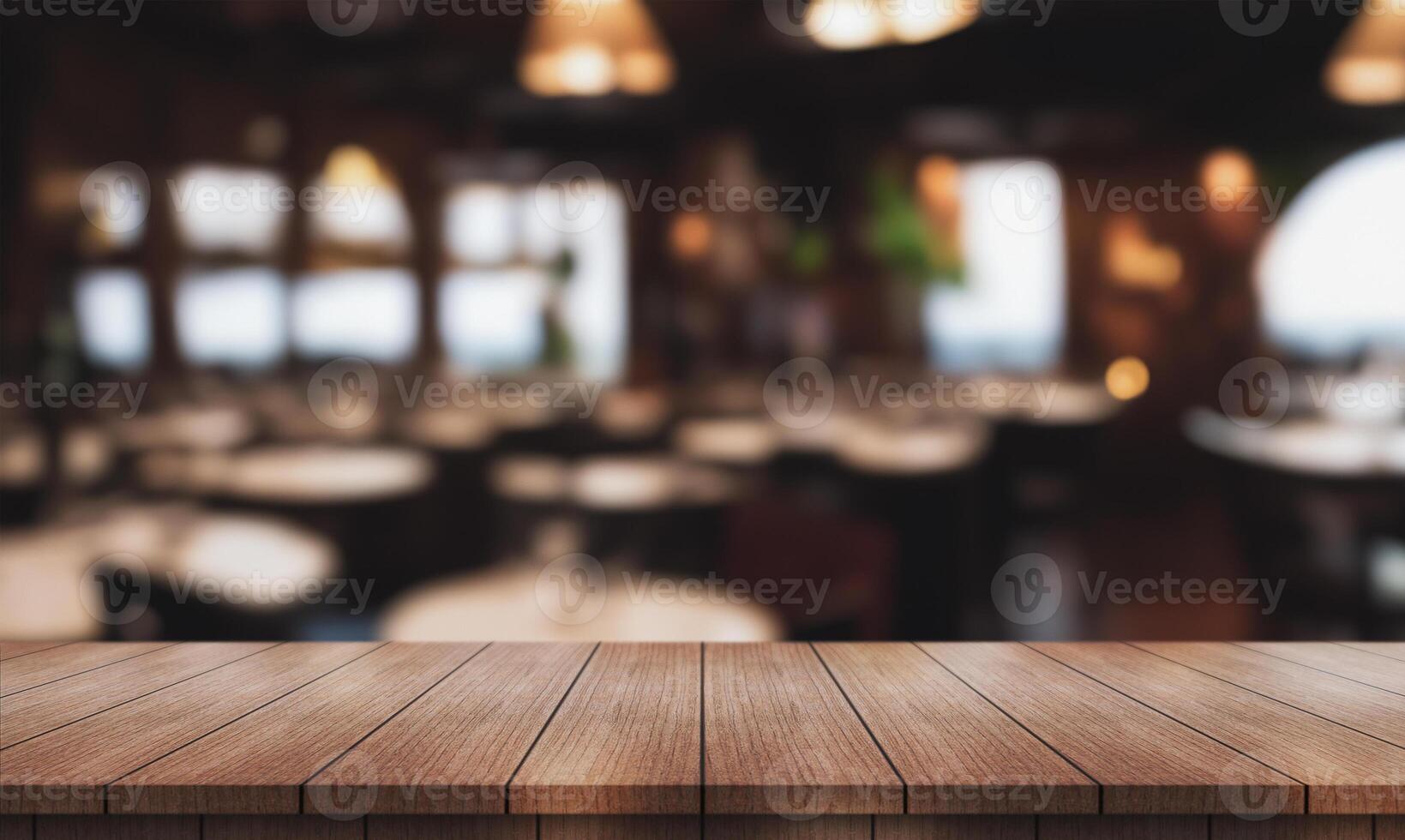 AI generated Empty wooden table top with lights bokeh on blur restaurant background. photo
