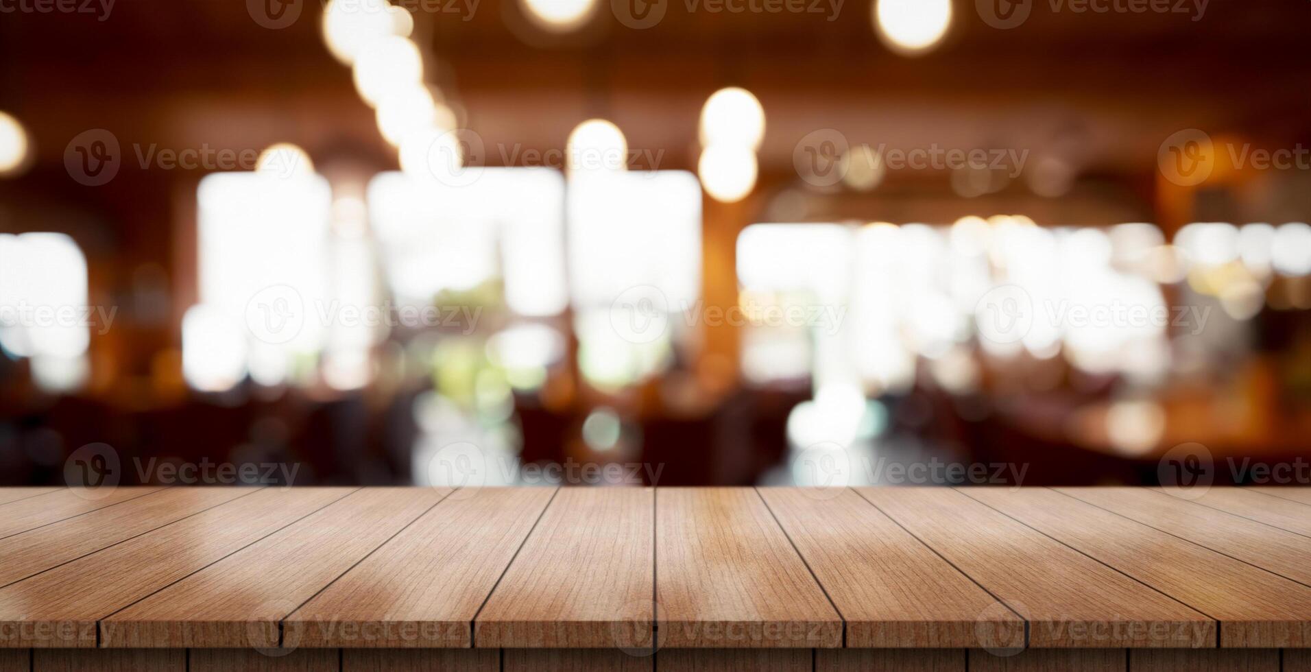 AI generated Empty wooden table top with lights bokeh on blur restaurant background. photo