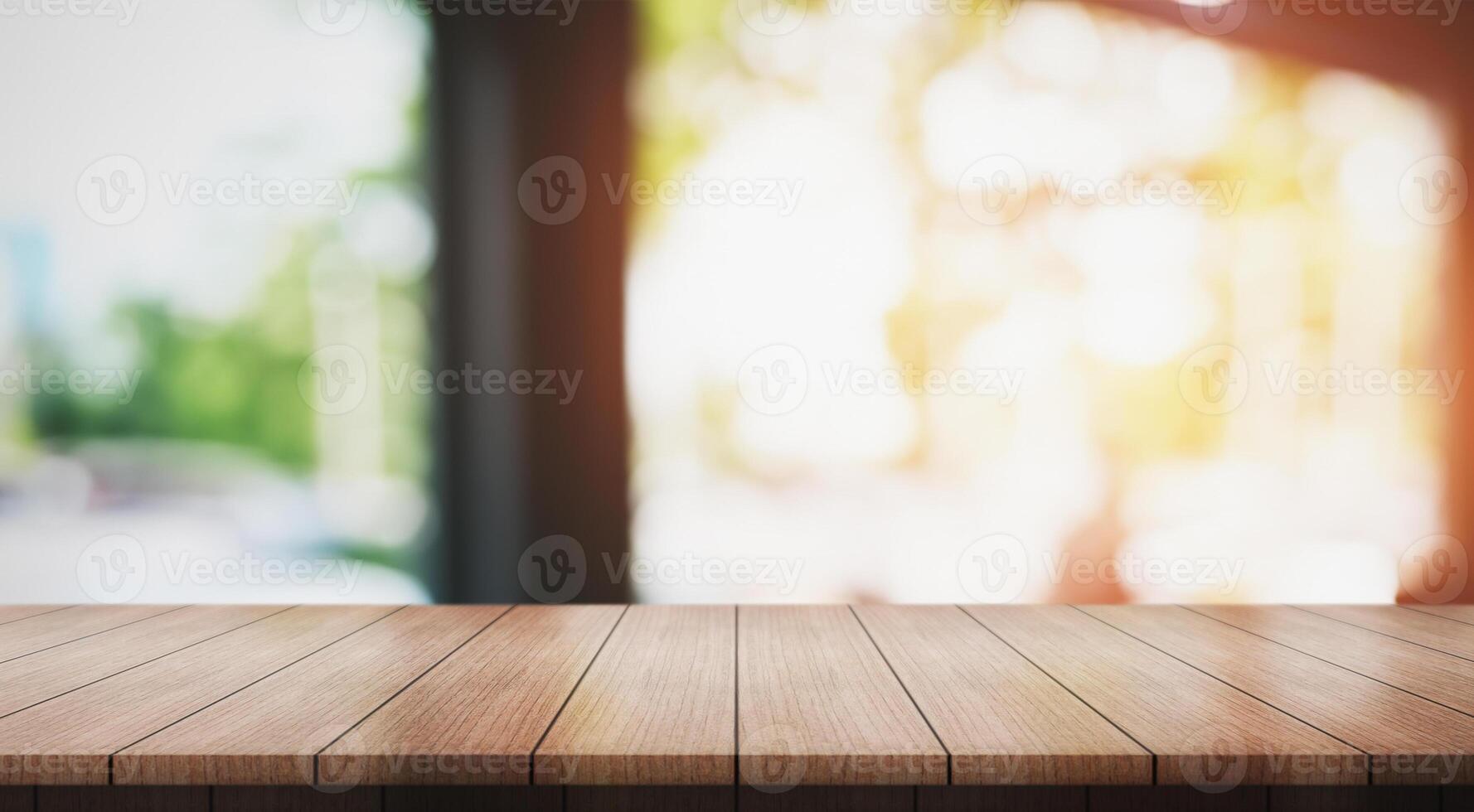 AI generated Empty wooden table top with lights bokeh on blur restaurant background photo