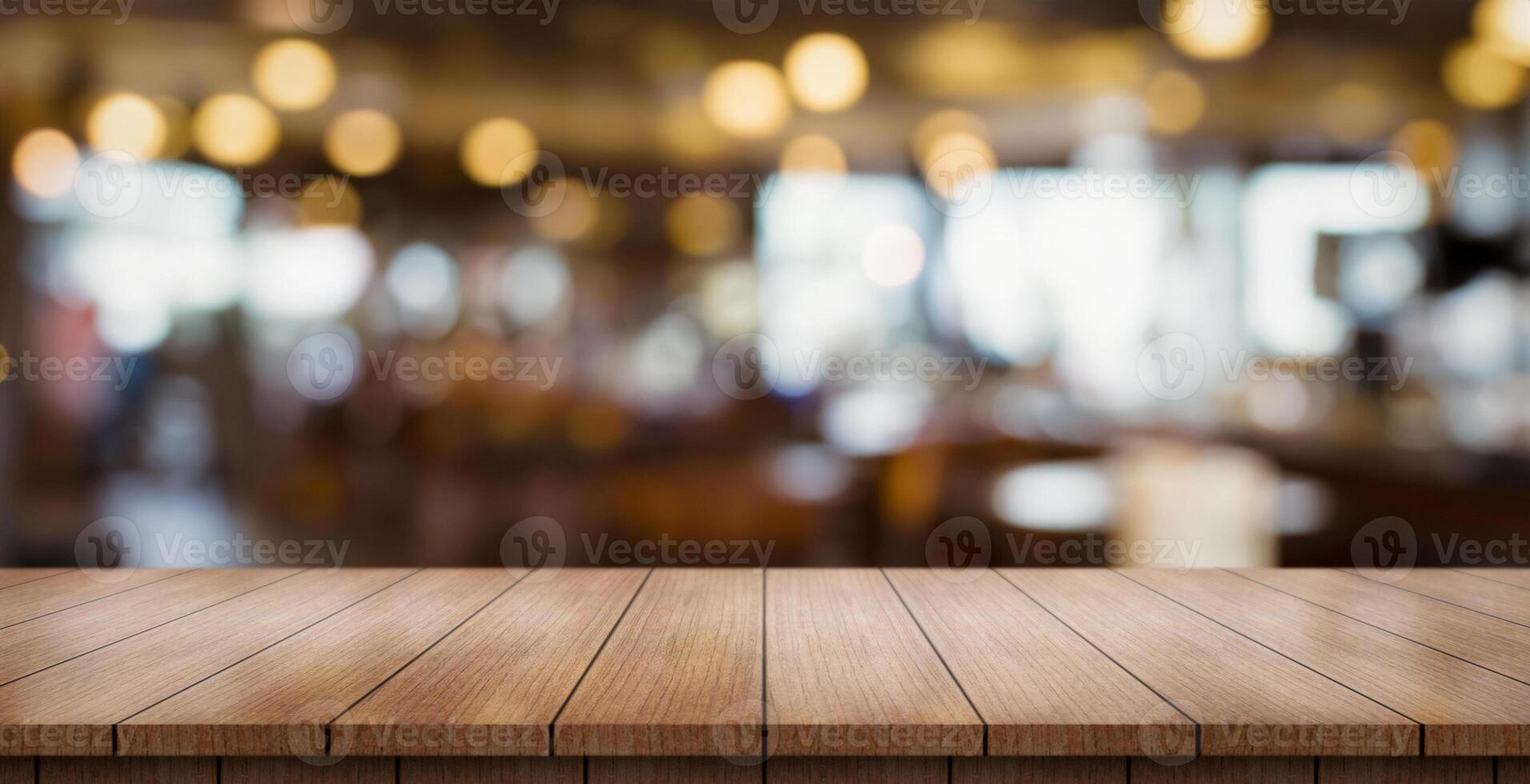 AI generated Empty wooden table top with lights bokeh on blur restaurant background. photo