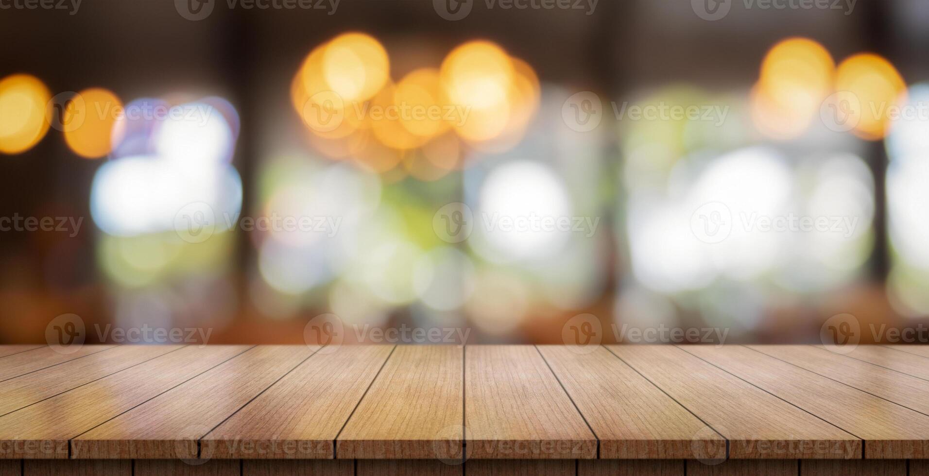 AI generated Empty wooden table top with lights bokeh on blur restaurant background. photo