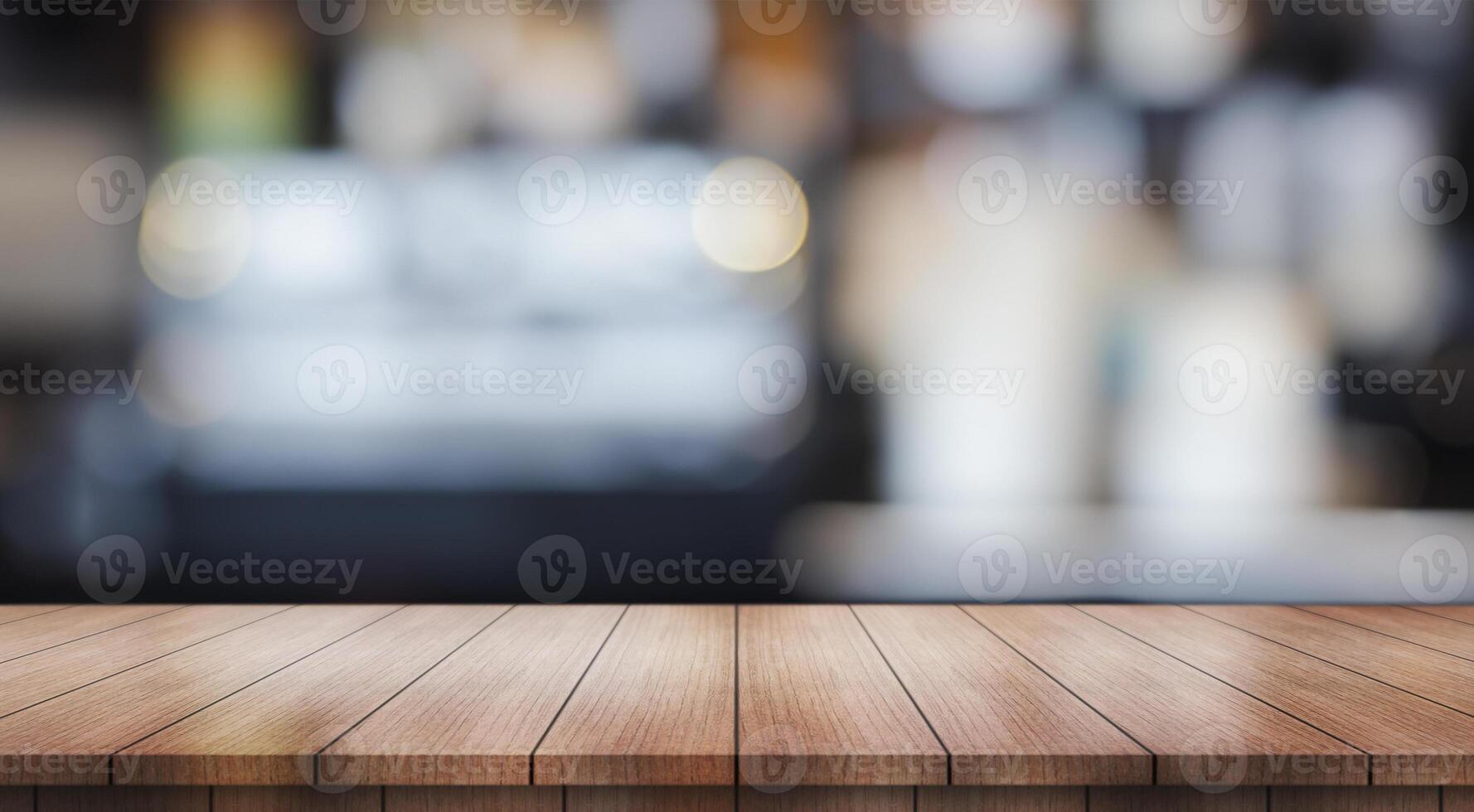 AI generated Empty wooden table top with lights bokeh on blur restaurant background photo
