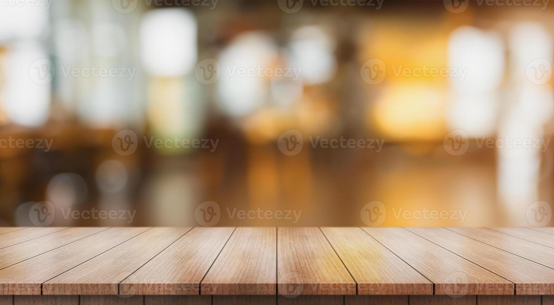 AI generated Empty wooden table top with lights bokeh on blur restaurant background photo