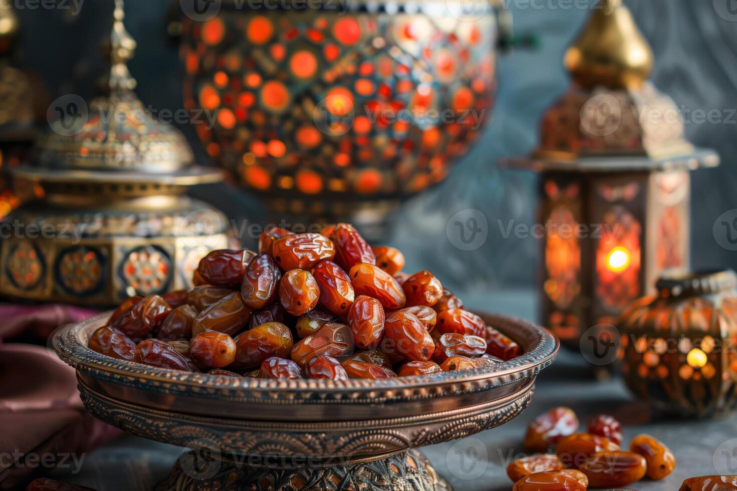 AI generated Ramadan Feast, Dates and Lantern Decor photo