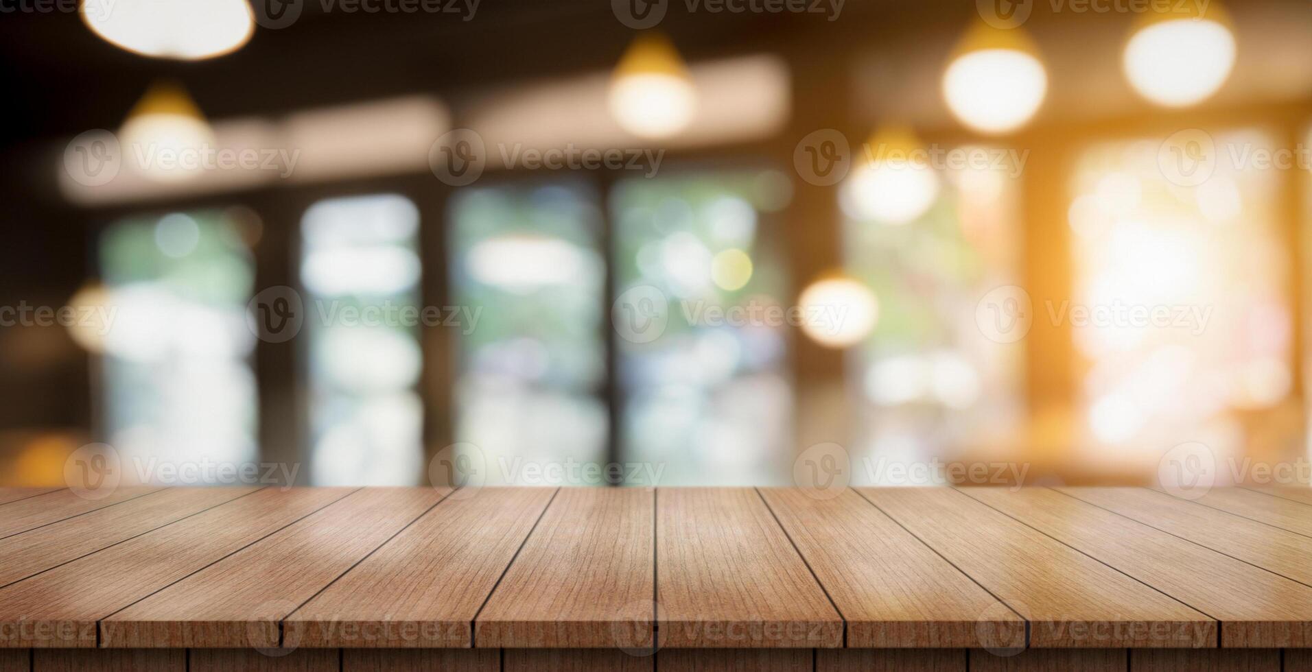 AI generated Empty wooden table top with lights bokeh on blur restaurant background. photo