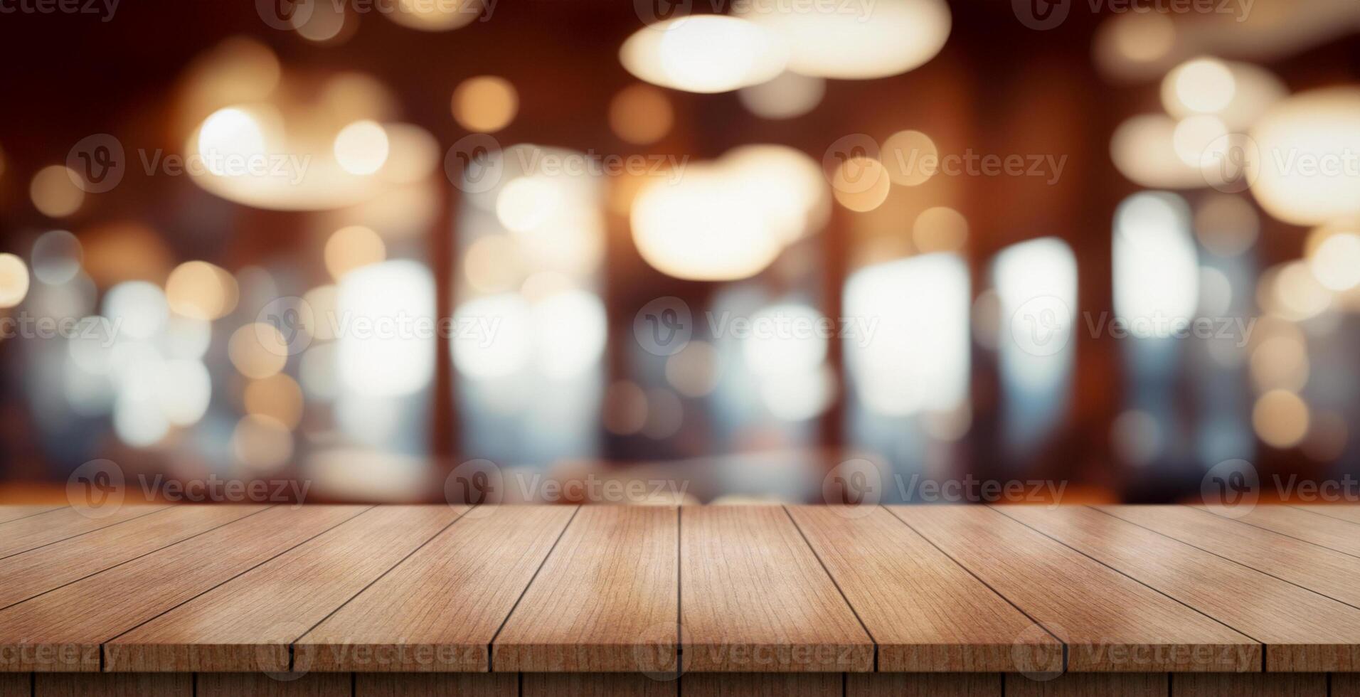 AI generated Empty wooden table top with lights bokeh on blur restaurant background. photo