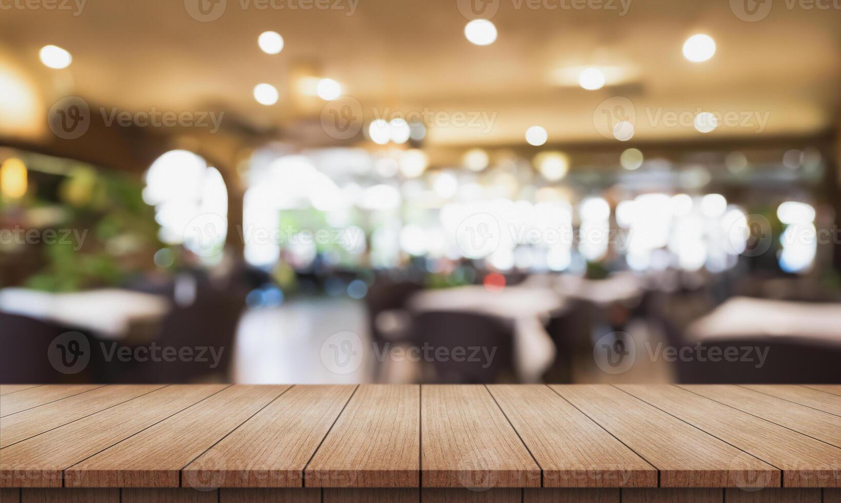AI generated Empty wooden table top with lights bokeh on blur restaurant background. photo