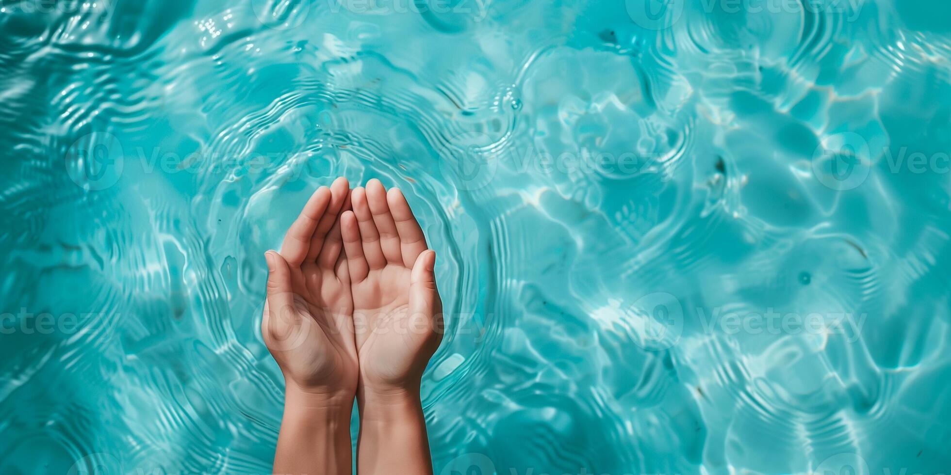 AI generated Human hands cupped together to hold water, symbolizing care for the environment, against a rippling aqua blue swimming pool background photo