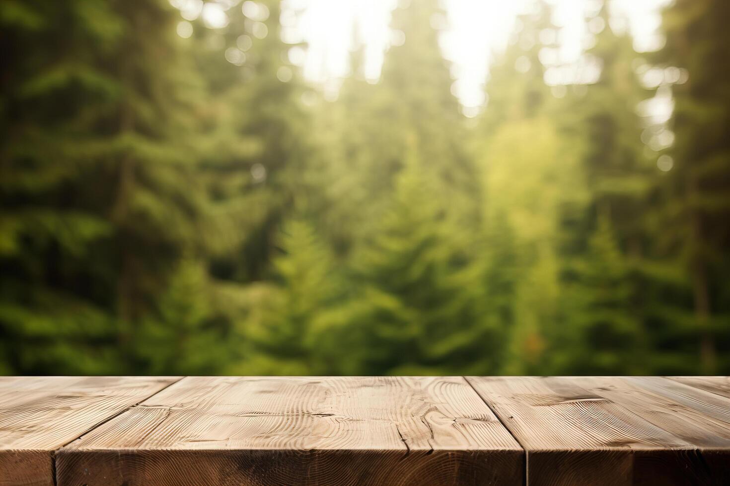 AI generated Display wooden board with blurred forest background photo