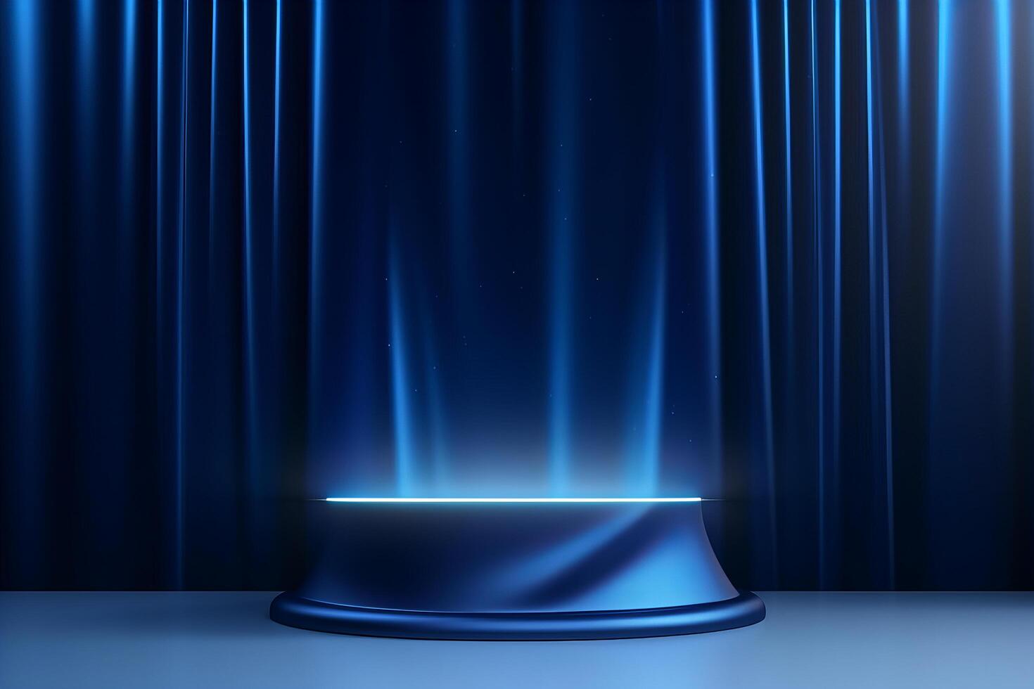 AI generated 3D podium blue background and fabric curtain photo