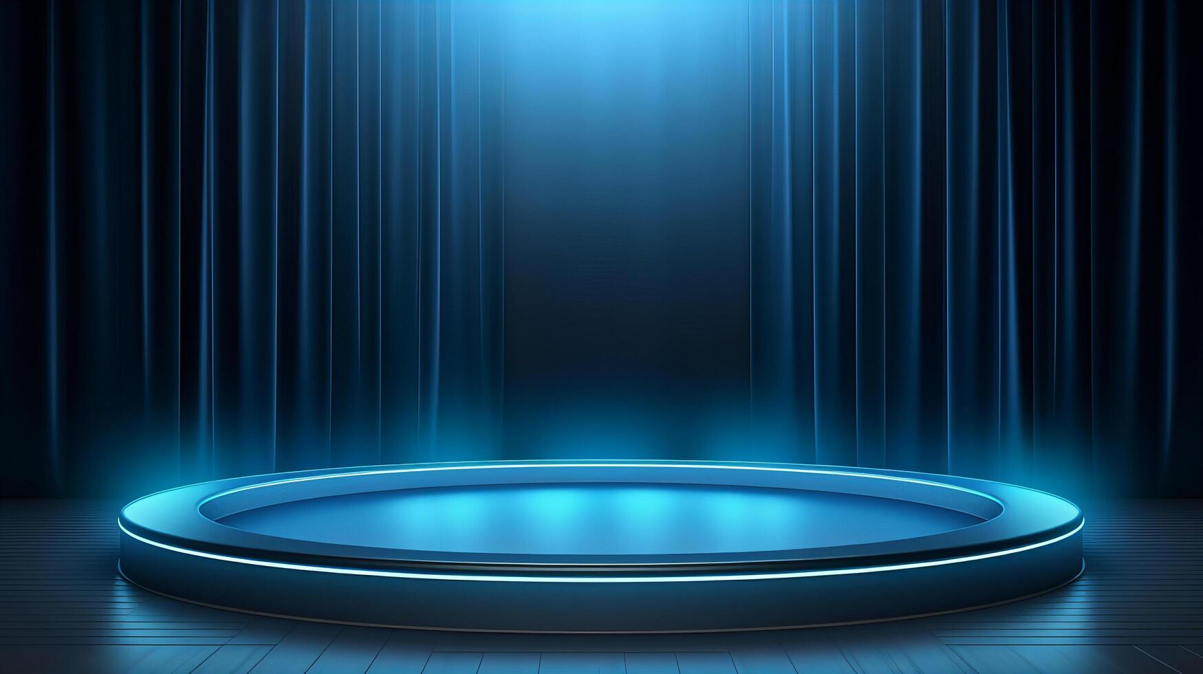 AI generated 3D podium blue background and fabric curtain photo