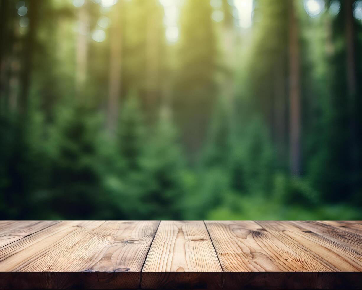 AI generated Display wooden board with blurred forest background photo