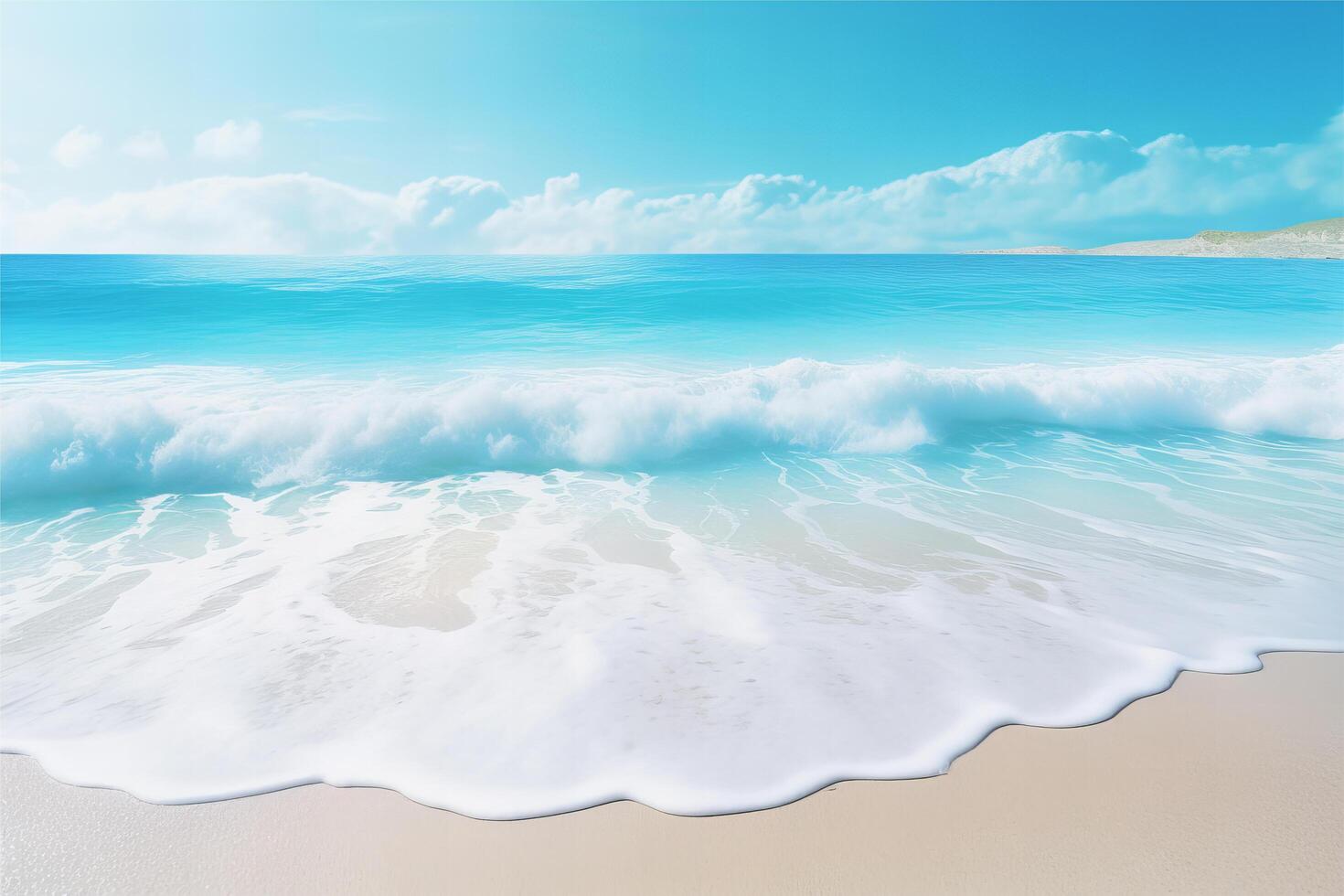 AI generated Beautiful sandy beach and soft blue ocean wave realistic photography photo