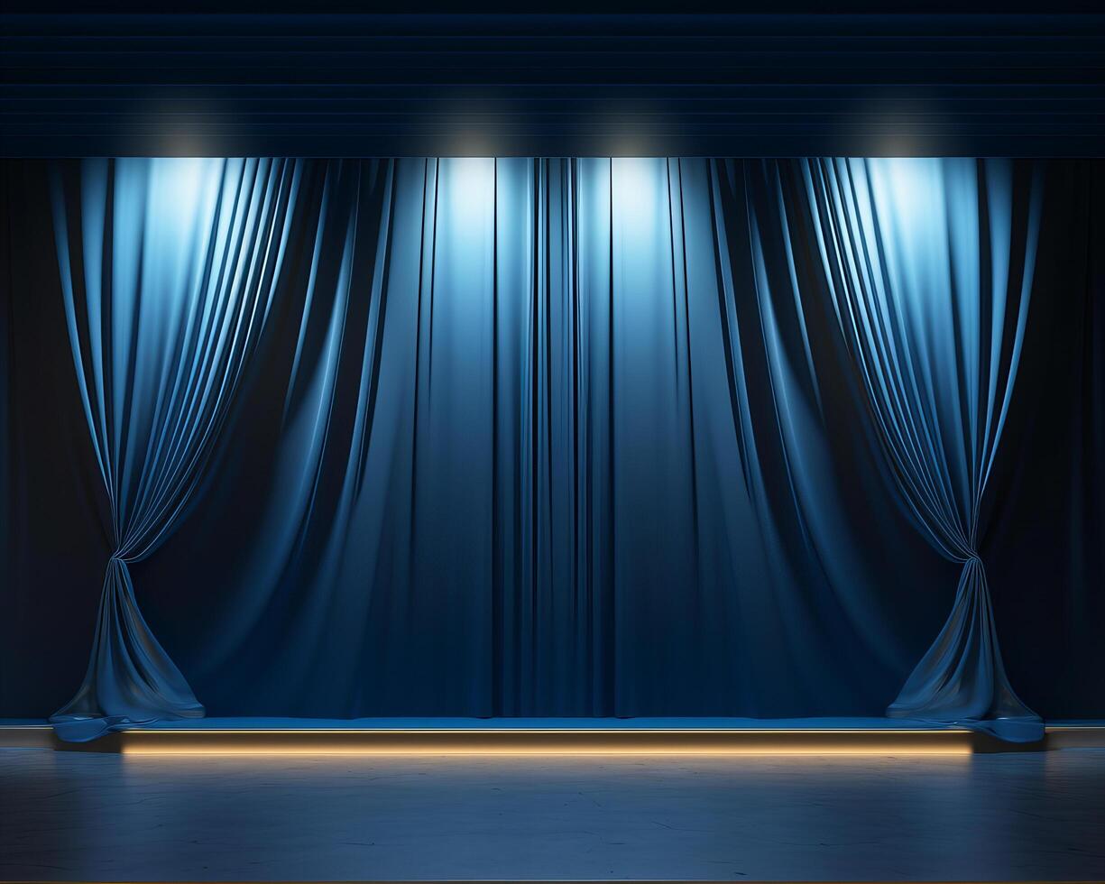 AI generated 3D podium blue background and fabric curtain photo