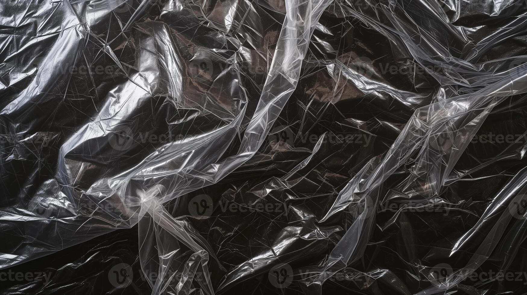 AI generated Abstract background of crumpled transparent plastic film with a dark moody aesthetic, suitable for environmentally themed designs and waste management topics photo