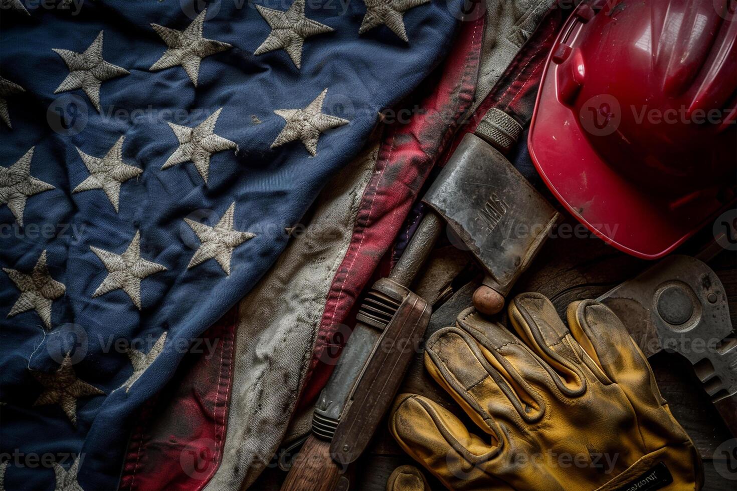 AI generated Labor Day Still Life with American Flag and Work Items. National Safety Day photo