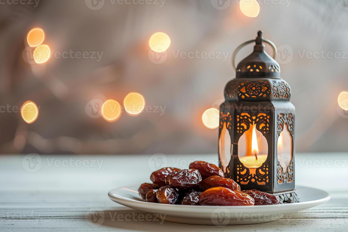 AI generated Dried dates on white plate and lantern with burning candle on white wooden table, bokeh light on background photo