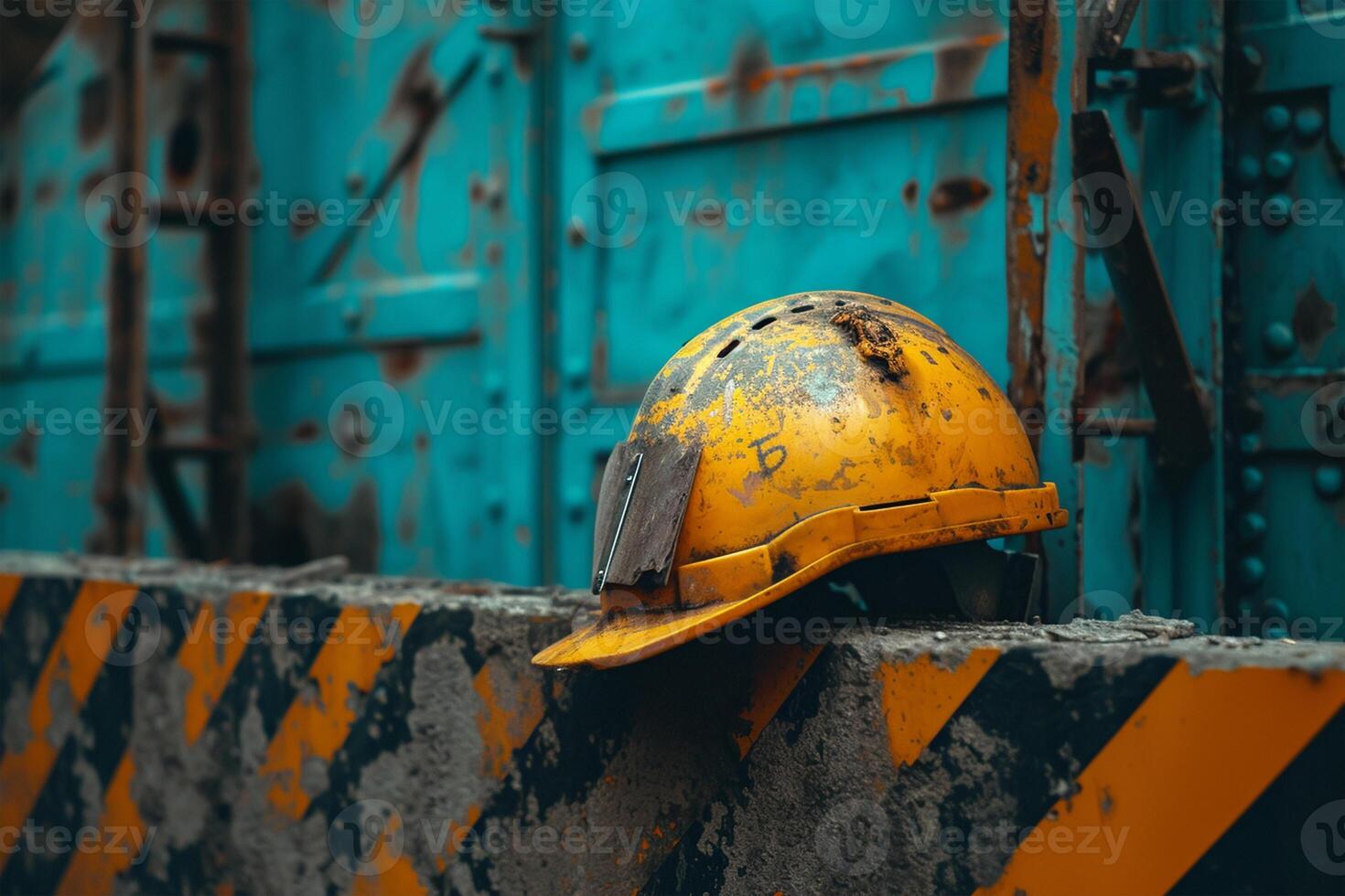 AI generated Helmet illustration under construction area sign. National Safety Day photo