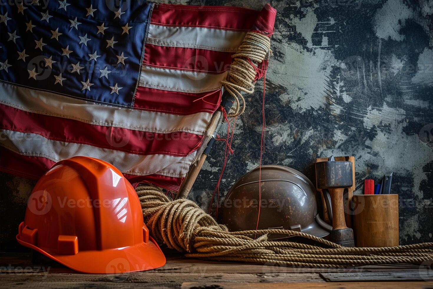AI generated Labor Day Still Life with American Flag and Work Items. National Safety Day photo