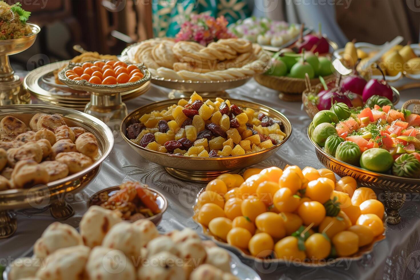AI generated A table festooned with iftar delicacies like dates photo