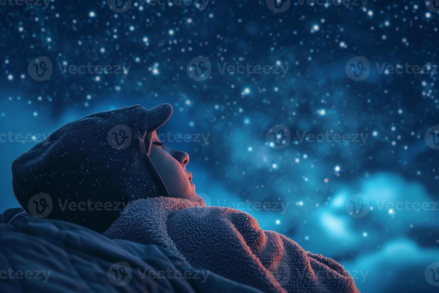 AI generated World day of sleep, night starry sky, inscription, sleeping month in a cap photo