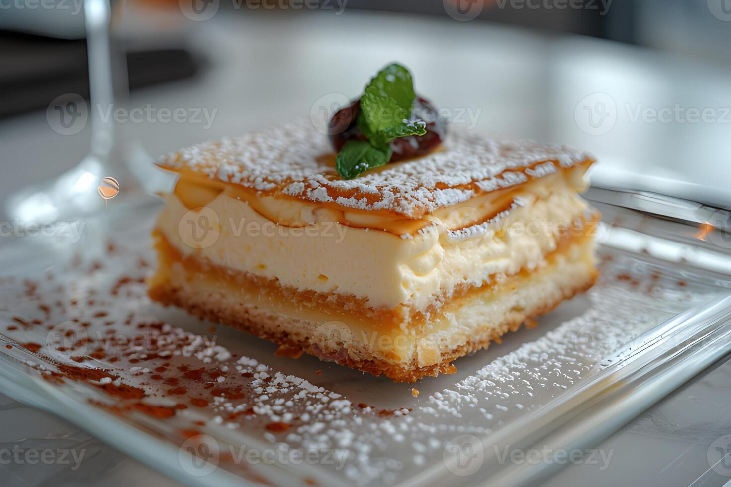 AI generated piece of cake Napoleon served on a glass plate photo