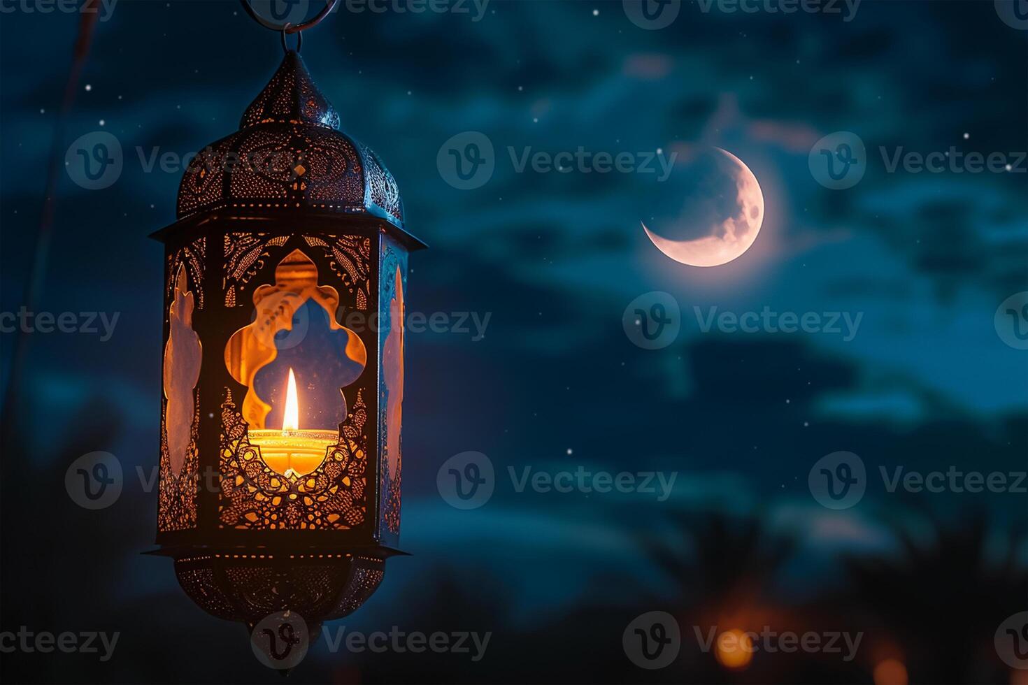 AI generated Islamic lantern with burning candle and night sky with waning crecent moon photo