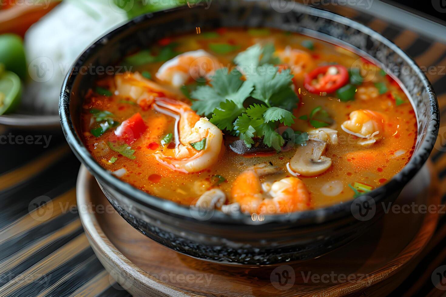 AI generated Tom Yum Goong, Thai spicy soup with shrimps. Tomyam photo